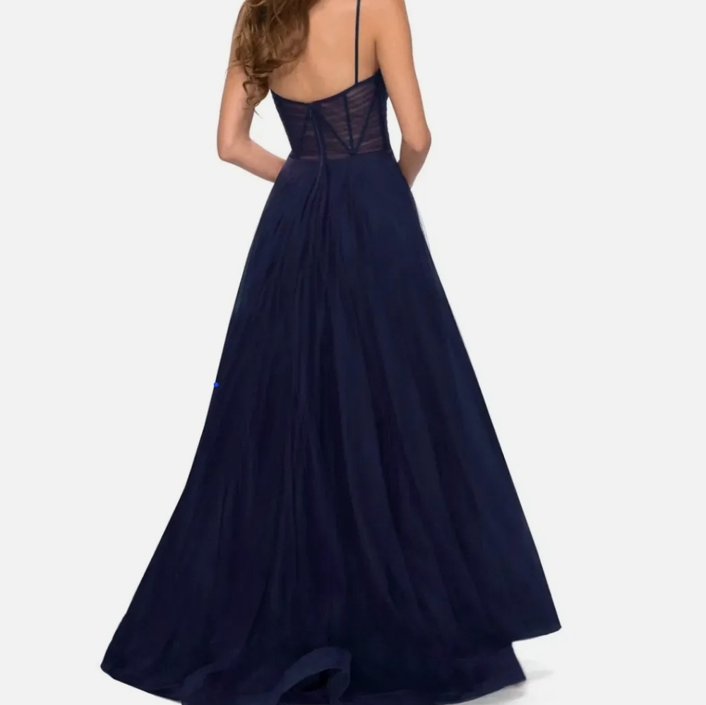 La Femme Navy Blue Side Slit Illusion A-Line Tulle Ballgown Size 4 NWT - Picture 4 of 7
